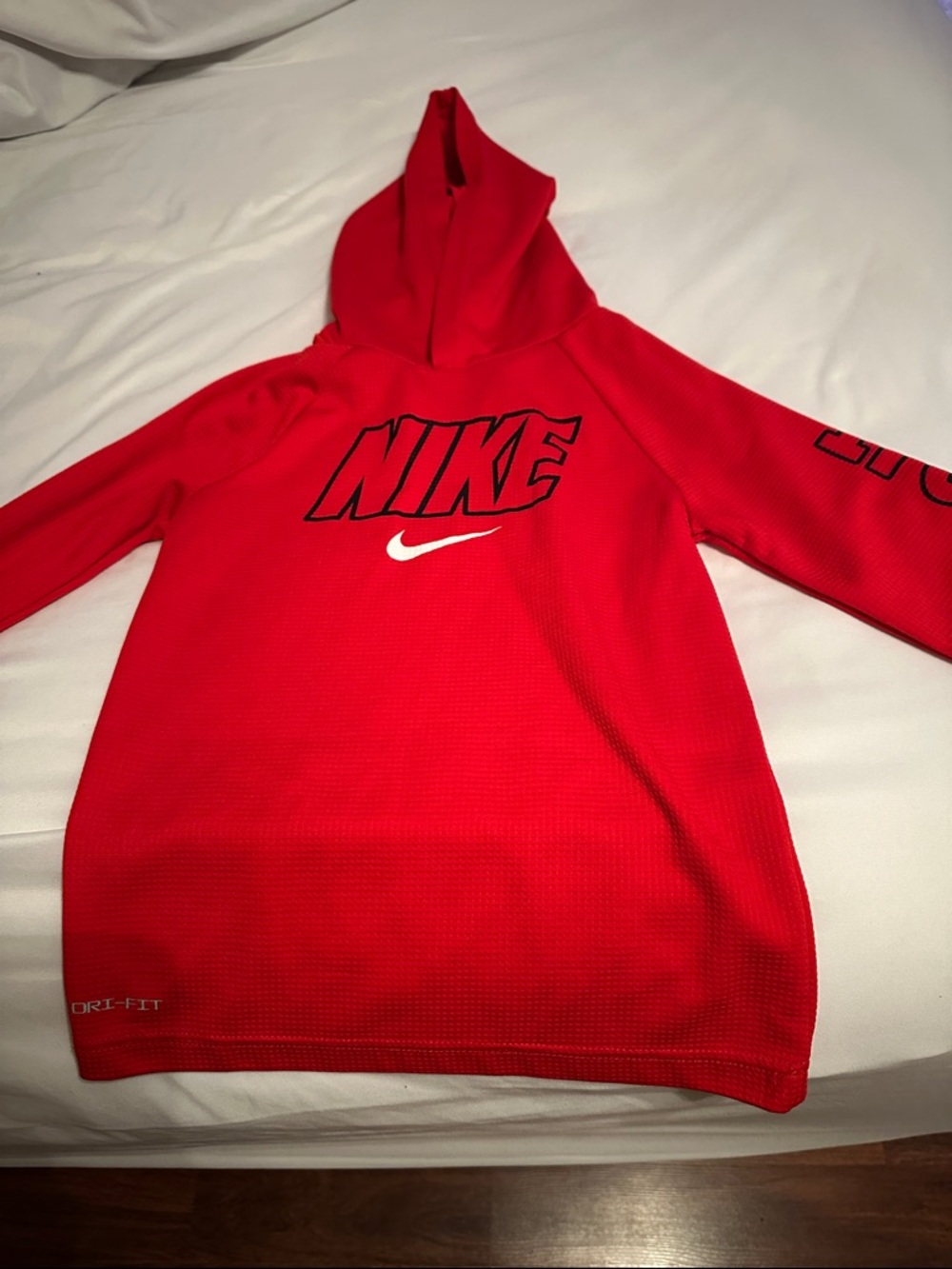 Boys Nike Red Hooded Pullover with Black Logo and White Swoosh